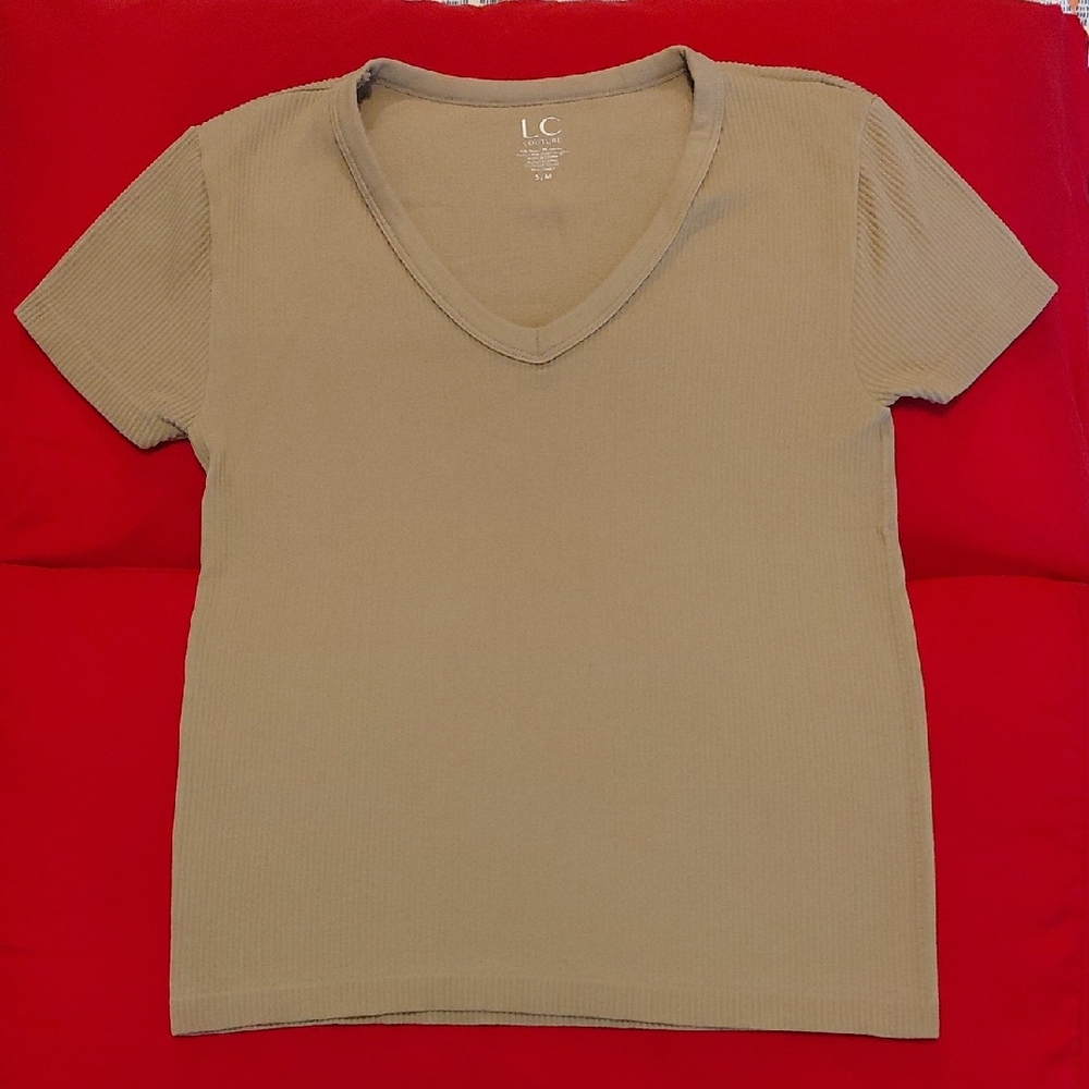 Women's Tan Stretch Ribbed V-Neck Top